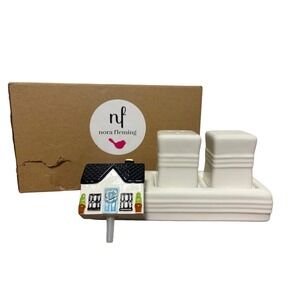 Nora Fleming S9 Salt & Pepper Shaker Set Pinstripes Base Holder Home Sweet Home